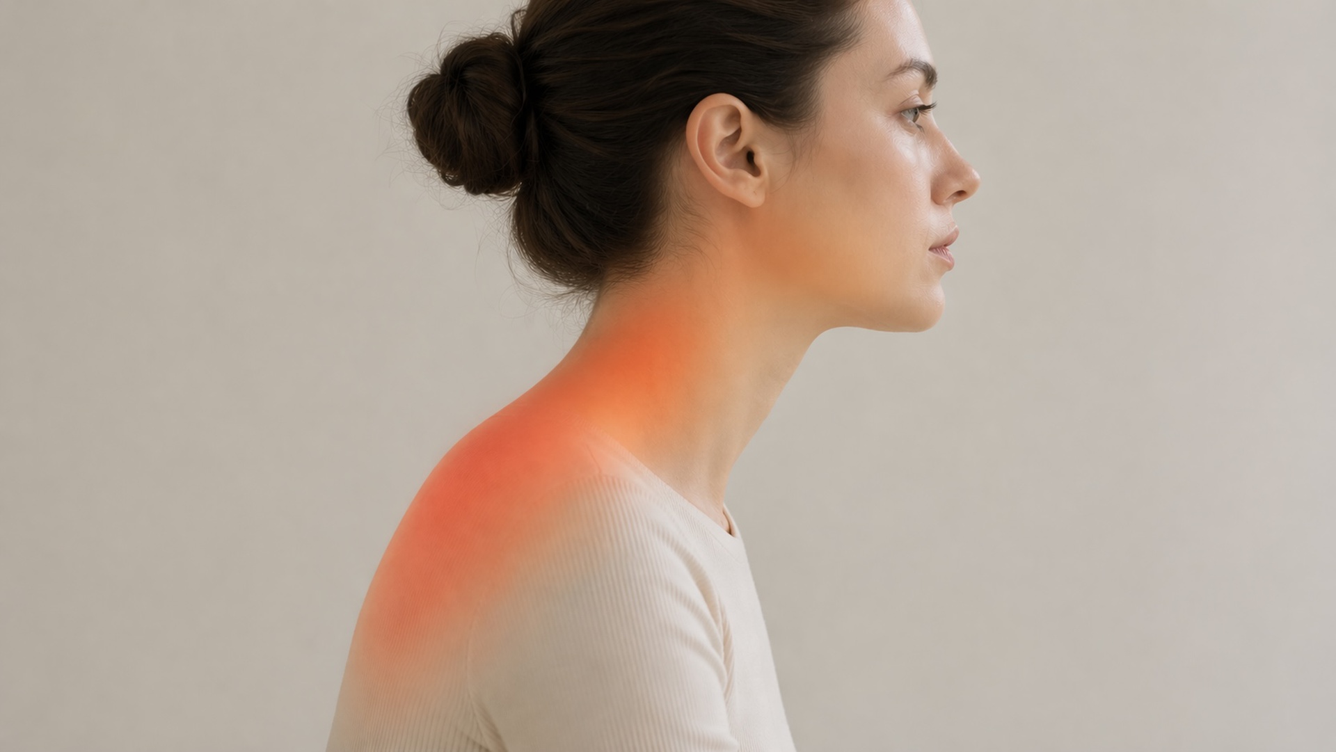 Subtle neck and shoulder tension building gradually downward over time in seated posture