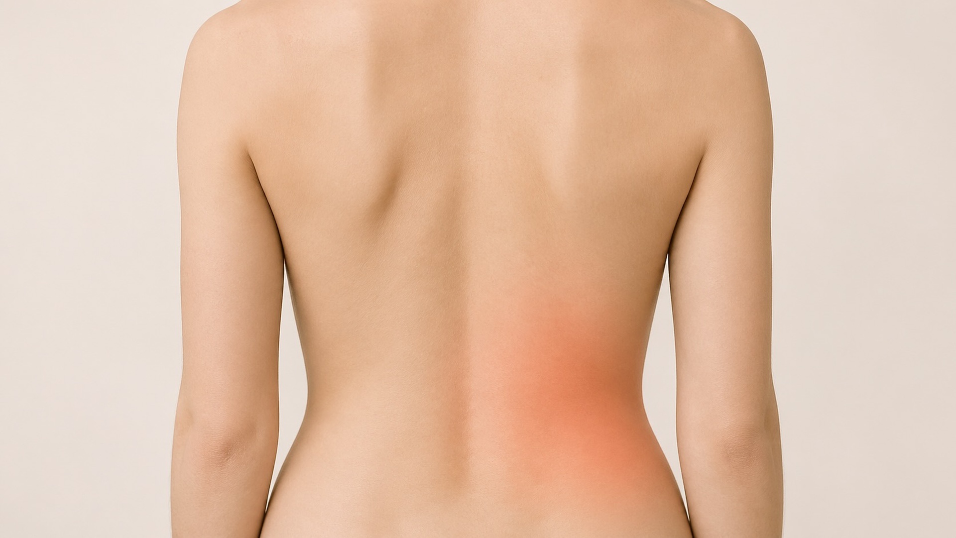 Back view of lower torso with a soft, subtle gradient over one side of the lower back indicating generalised tension in a calm clinical style