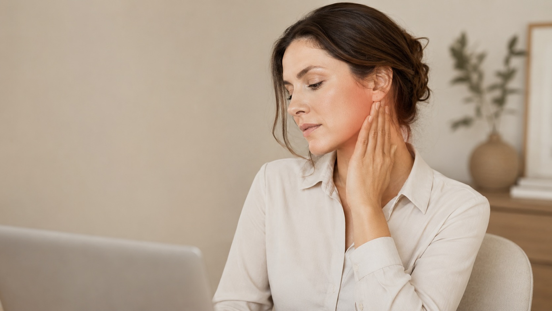 Professional office worker gently holding jaw and neck with subtle TMJ tension in calm Sydney CBD editorial-style setting.