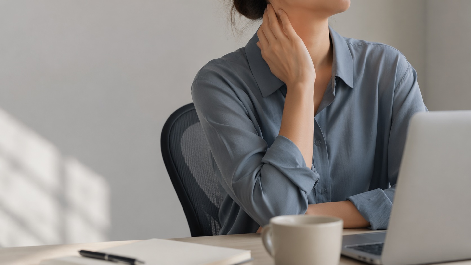 Close-up of office worker touching jaw and neck area at desk, representing tension and connection between jaw and neck during work.
