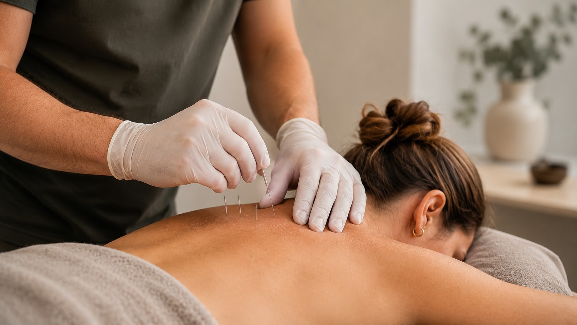 Therapist performing dry needling for neck and shoulder tension in Sydney CBD.