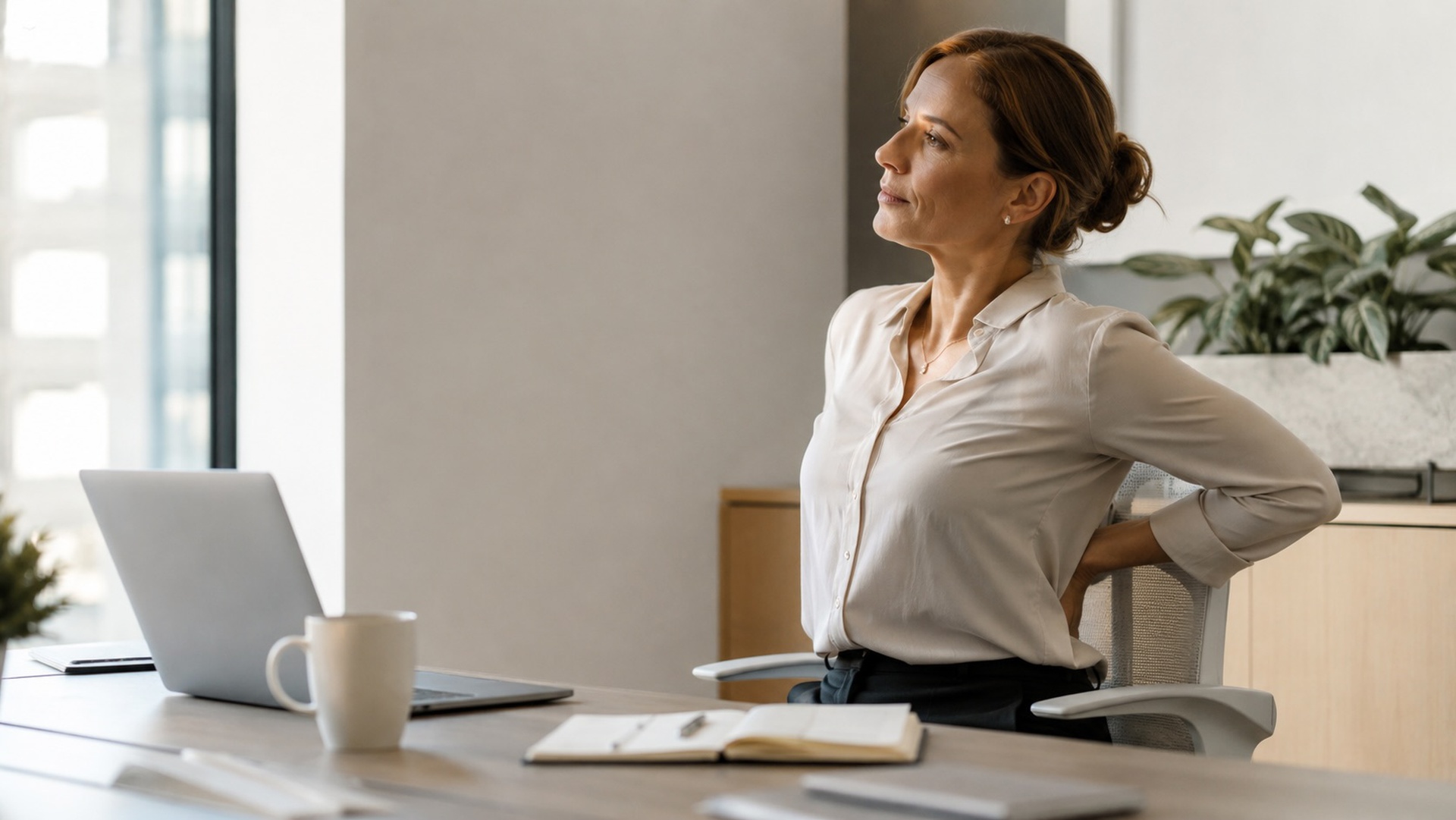 Sydney CBD office worker experiencing lower back tension after prolonged sitting at a desk