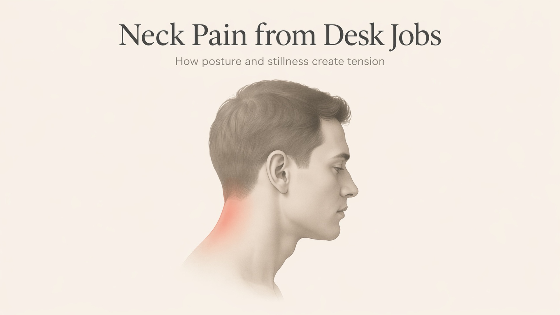 Minimalist diagram showing forward head posture with highlighted neck area, representing neck pain from desk work.