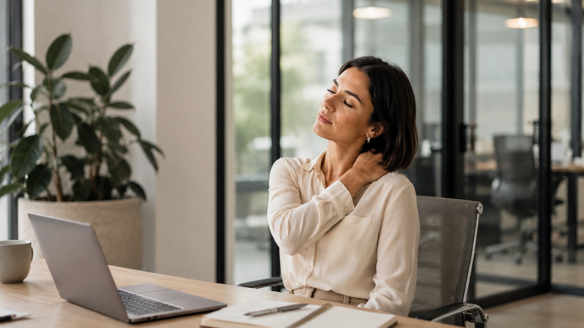 Office worker in Sydney CBD experiencing neck and shoulder tension after prolonged desk work.