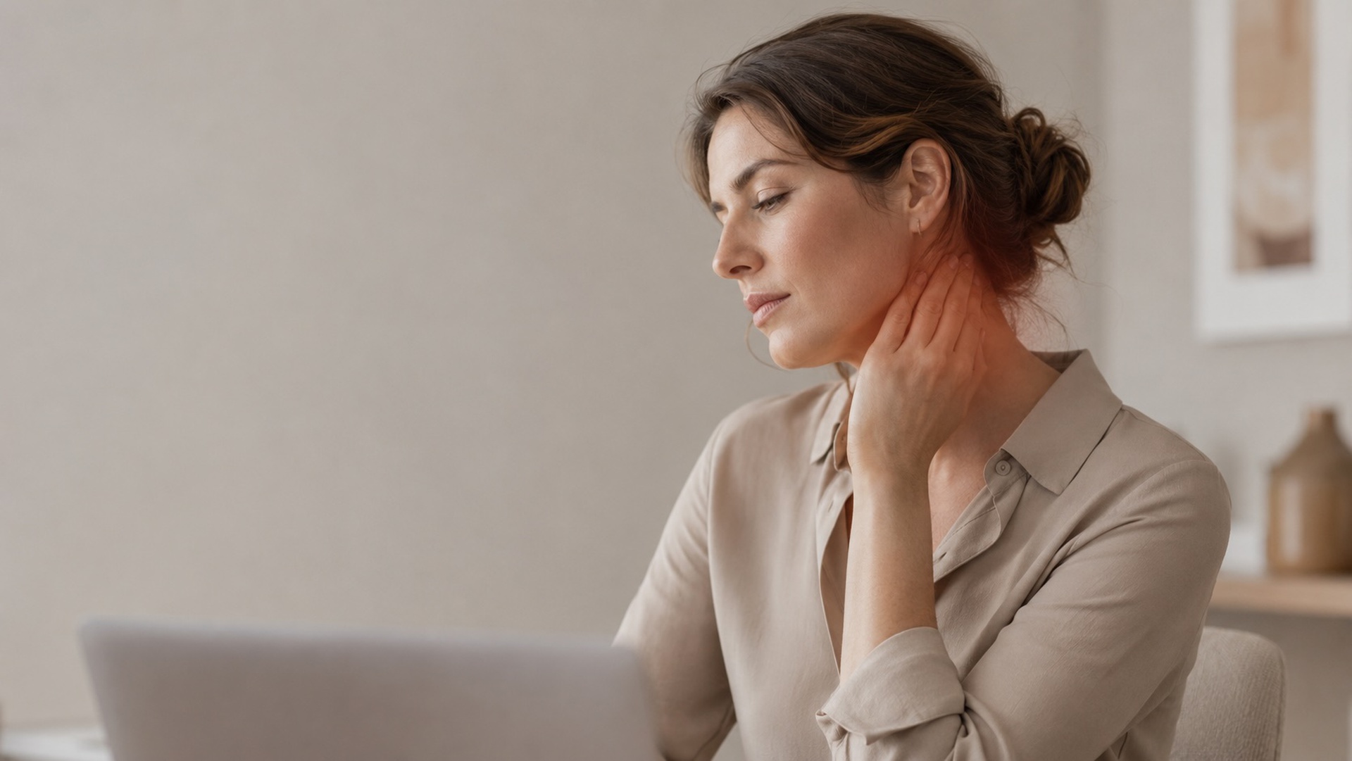 Professional woman gently touching jaw and neck while working at desk with calm stress-related jaw tension concept