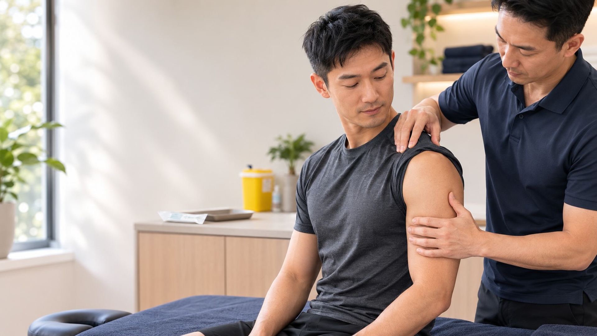 Qualified remedial massage practitioner assessing an office worker's shoulder before dry needling in a modern Sydney CBD clinic.