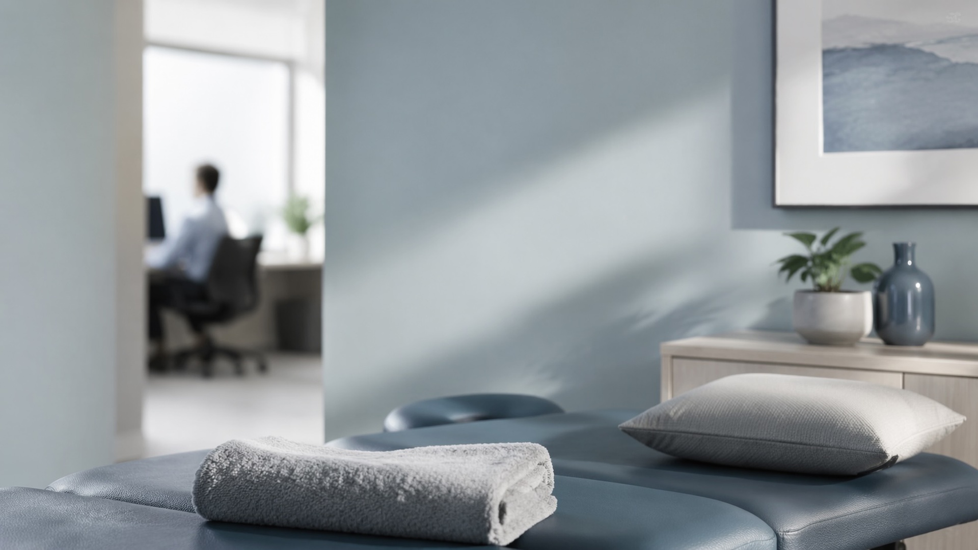Minimalist remedial massage clinic scene with treatment table and neck focus, representing therapy for desk-related neck pain in a calm professional setting.